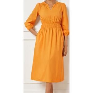 Talbots Smocked Poplin Midi Dress Bright Marigold 100% Cotton Size 10